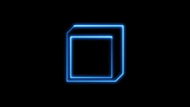 Neon blue cube glowing on black background for digital interface.