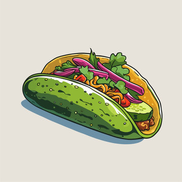 Illustration of a creative taco with a cucumber shell filled with noodles, red onion, and cilantro