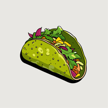 Cartoon illustration of a delicious taco with fresh vegetables and a green shell