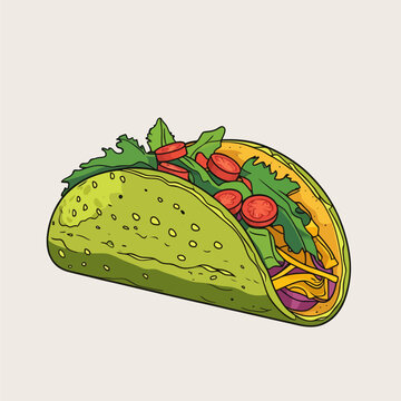 A vibrant, hand-drawn style illustration of a taco featuring a unique green shell, topped with fresh green lettuce, red tomato slices, and shredded cheese.