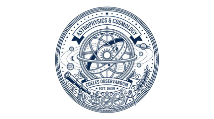 Vintage astrophysics and cosmology emblem with celestial armillary © kholid