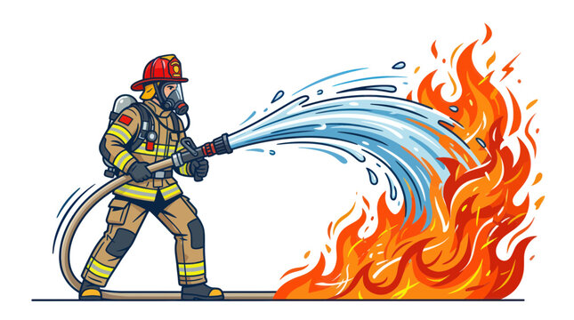Firefighter battling intense flames with a powerful water hose