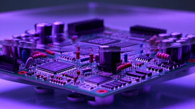 Close-up of a computer circuit board with purple lighting.