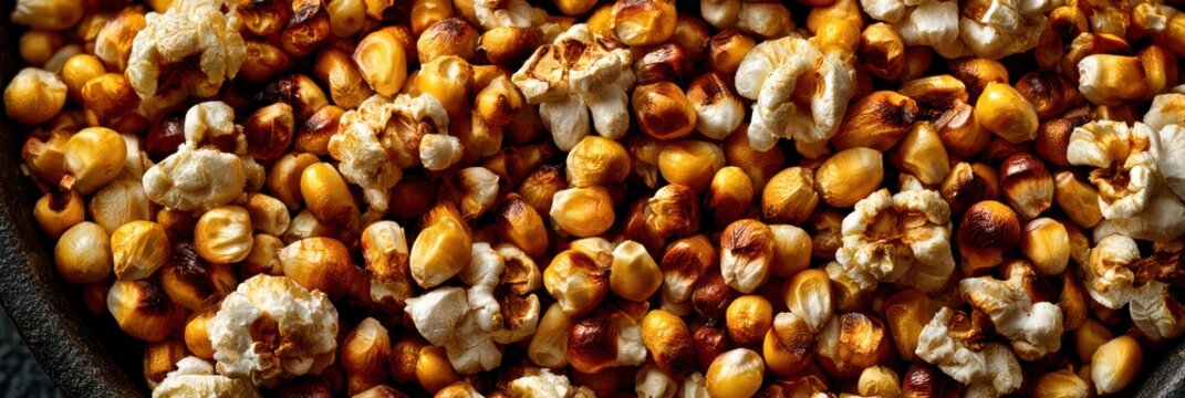 Close-up image of a mixture of roasted and popped corn kernels, highlighting their varied textures and warm golden to brown hues.