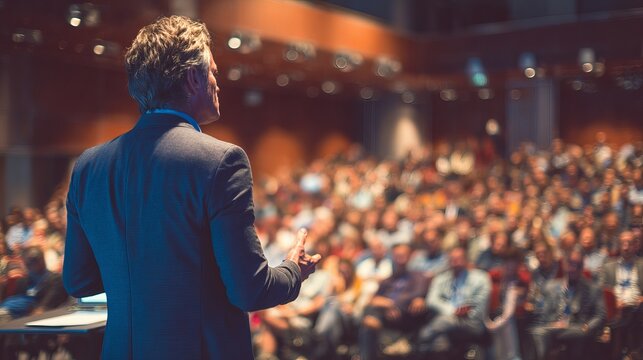 Business presentation on stage at professional corporate gathering