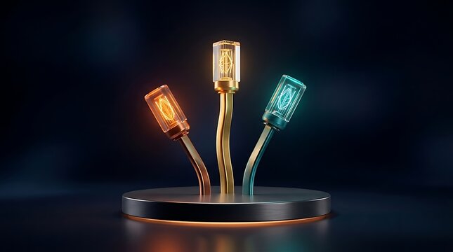 Illuminated filament bulbs with metallic bases on a dark circular platform 3d rendering