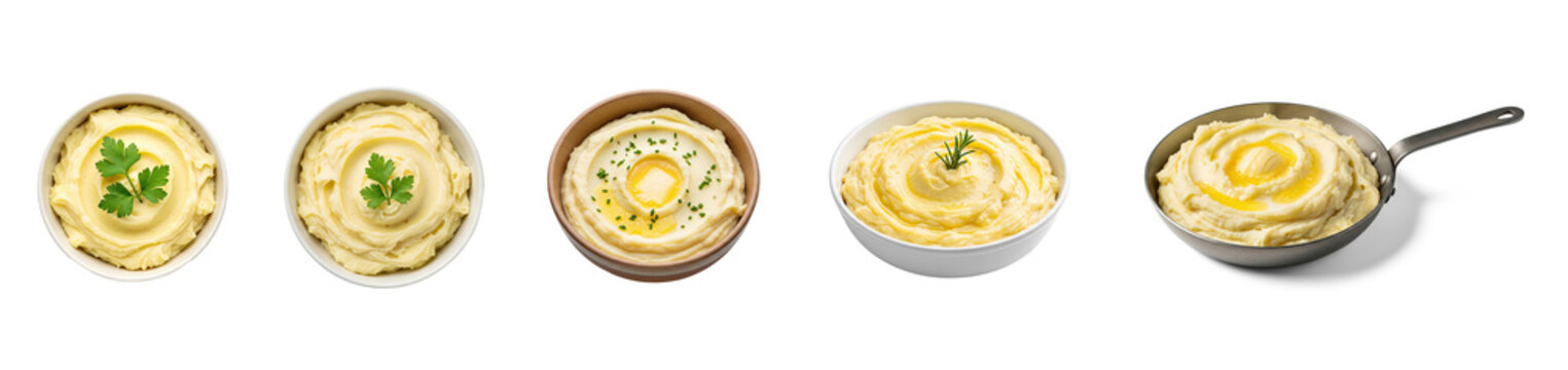 Collection of mashed potatoes in a skillet. It shows five different stages of the mashed potato preparation, starting with a small portion in a ramekin and gradually increasing in size and texture.