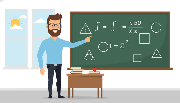 Cheerful bearded male teacher pointing at complex math equations on a green chalkboard in a bright classroom setting.