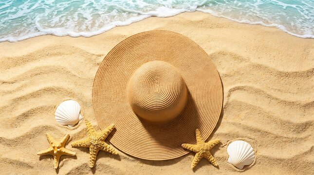 Summer beach scene with straw hat seashells starfish and ocean waves on sand top view natural decoration for holiday greeting message.