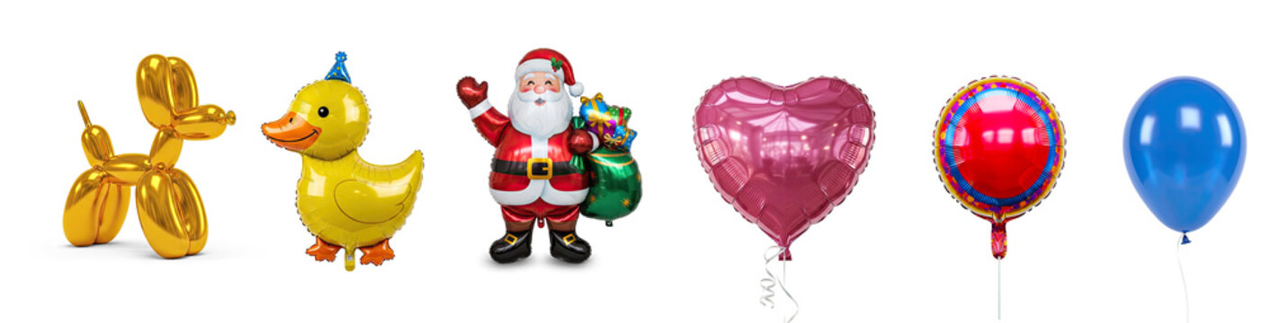 Collection of colorful balloons is displayed against a transparent background. The balloons include a shaped balloon of a dog, a yellow duck, a Santa Claus figure with a gift bag, a red heart balloon
