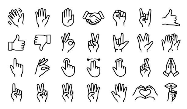 Hand Line Icons Black and White Vector Set with Gesture and Finger Symbols
