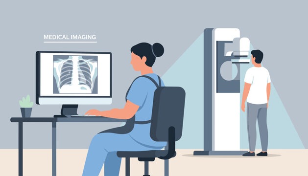 Professional radiologist analyzing a chest x-ray scan on her computer while a patient stands in a modern imaging machine.