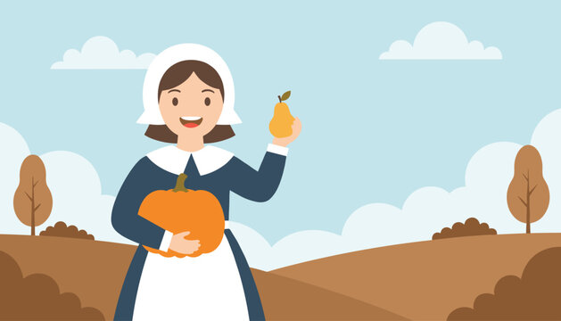 Smiling puritan pilgrim woman holding a large orange pumpkin and a fresh pear in a scenic autumn harvest landscape.