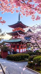 Obraz premium Vibrant Japanese Pagoda Surrounded by Blooming Cherry Blossom Trees at Sunset