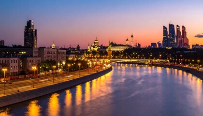 Fototapeta premium Illuminated City Skyline Reflecting on Curving River at Sunset in Moscow