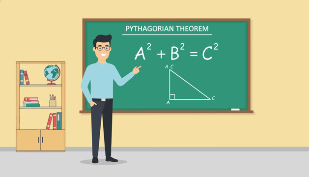 Male school teacher wearing glasses and pointing at the Pythagorean theorem on a green chalkboard in classroom.