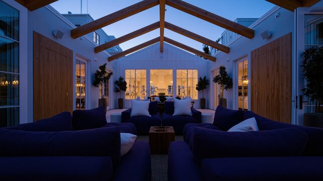 Deep navy blue sofas in a luxury living area with exposed wood beams and warm interior lighting for real estate lifestyle and contemporary design
