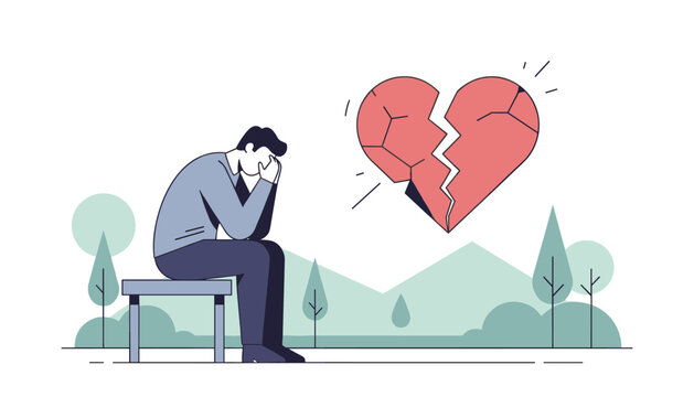 Despondent young man sitting on a park bench mourning his broken heart after a difficult relationship breakup.
