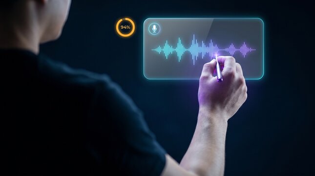 Businessman Writes with Stylus Pen to Record Digital Sound Wave, Display Microphone Voice Icon, Monitor Audio Waveform, Track Loading Percentage, and Process Speech Recognition