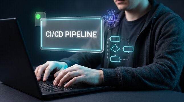 Businessman Types on Laptop at Dark Desk to Manage Software Pipeline, Display Process Flowchart, Connect Processor Chip, Automate Build Deployment, and Coordinate Developer Workflow