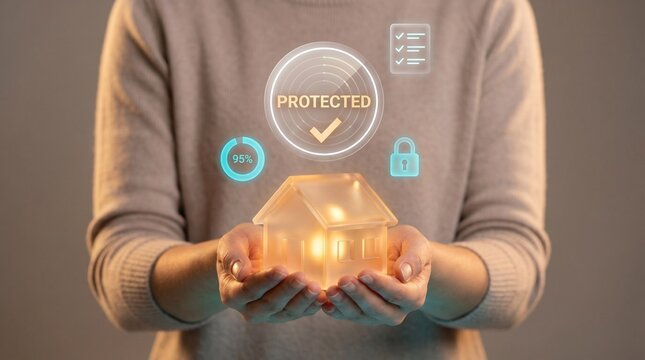 Woman Holds Wooden House Model in Hands to Present Home Protection, Display Approved Shield Check, Confirm Security Lock, Track Coverage Percentage, and Secure Family Insurance