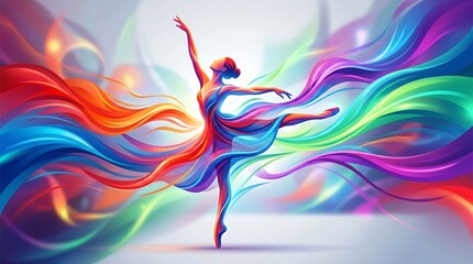 Fototapeta premium A graceful ballerina dancer performs an elegant pose surrounded by vibrant colorful flowing abstract ribbons in a dynamic rainbow spectrum of motion.