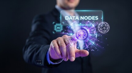 Obraz premium Businessman Touches Glowing Panel to Connect Data Nodes, Display Neural Brain Icon, Process Computing Chip, Map Network Cluster, and Visualize Machine Learning Intelligence