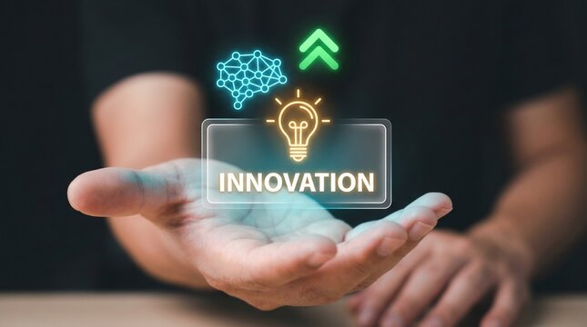 Businessman Extends Open Palm to Present Innovation Idea, Display Glowing Lightbulb Icon, Connect Neural Network, Show Rising Arrow Growth, and Inspire Creative Technology Solution