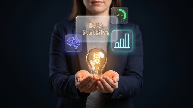 Businesswoman Holds Glowing Lightbulb in Hands to Present Idea Metrics, Display Neural Brain Icon, Track Bar Chart Growth, Show Percentage Increase, and Inspire Creative Innovation