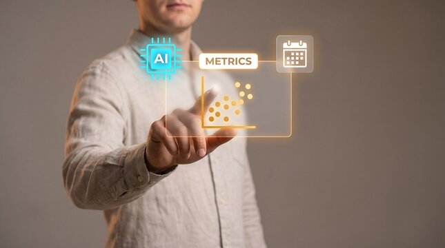 Businessman Touches Glowing Panel to Track Digital Metrics, Display Processor Chip Icon, Show Scatter Plot Data, Connect Calendar Schedule, and Analyze Business Statistics