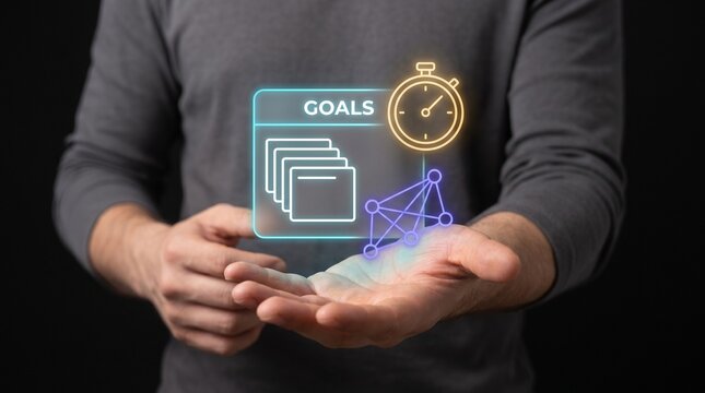 Businessman Extends Open Palm to Present Digital Goals Panel, Display Stopwatch Timer Icon, Show Document Cards, Connect Network Nodes, and Track Achievement Milestone Progress