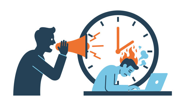 Silhouette manager shouting through a megaphone at a highly stressed employee under a giant clock with a laptop.