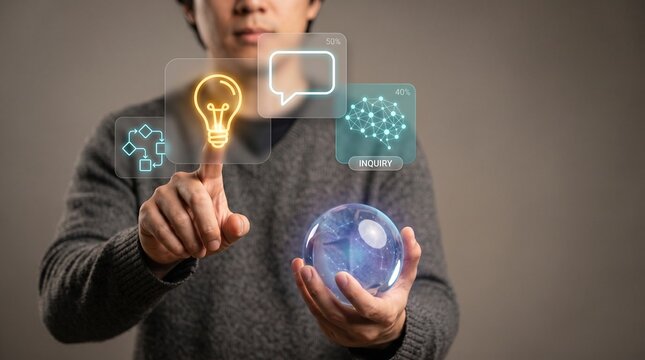 Businessman Holds Glowing Sphere and Touches Panel to Submit Inquiry, Display Lightbulb Idea Icon, Open Chat Bubble, Connect Network Nodes, and Explore Digital Knowledge
