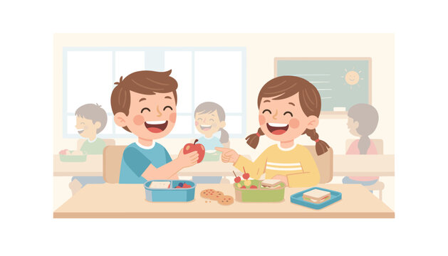 Happy school boy sharing a fresh red apple with a smiling classmate girl during their lunch break in the school classroom.