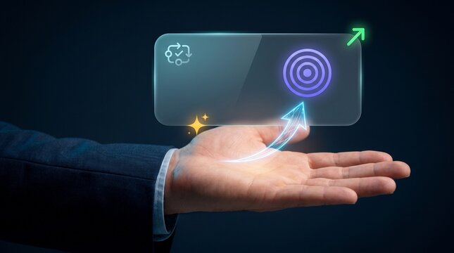 Businessman Extends Open Palm to Present Target Achievement, Display Bullseye Reticle Icon, Show Rising Arrow Sparkle, Confirm Refresh Check, and Track Goal Success Progress
