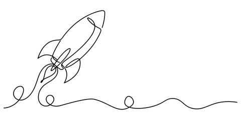 Illustration of rocket ship launching upward, startup concept, hand drawn outline vector illustration. © Pure Outline 