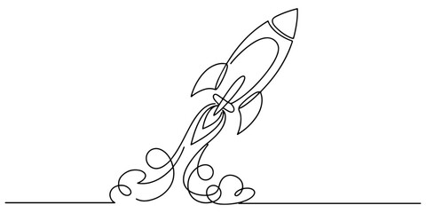 Illustration of rocket ship launching upward, startup concept, hand drawn outline vector illustration. © Pure Outline 