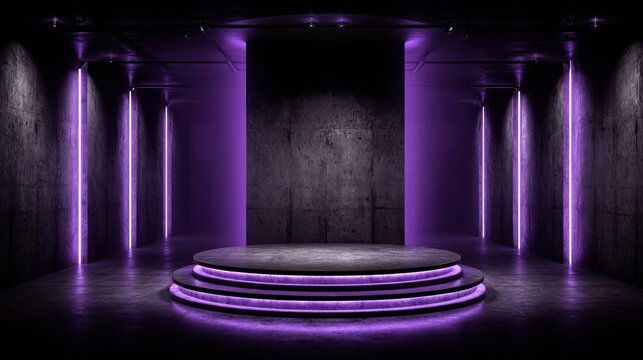 Concrete stage with glowing purple accent lighting illuminates an indoor venue