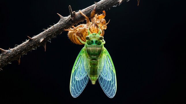 An extreme close-up macro capturing a vibrant green cicada newly emerged from its golden-brown exoskeleton shell, hanging from a thorny branch against a pure black background.