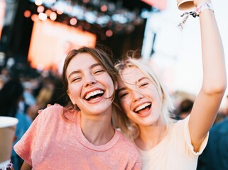 Fototapeta premium Two laughing young women enjoy a vibrant outdoor music festival with a celebratory atmosphere for friendship and lifestyle editorials
