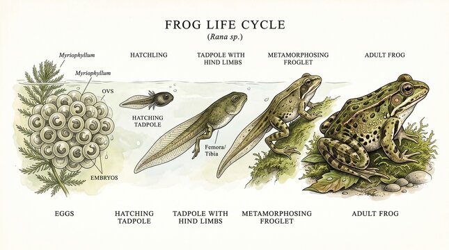 A horizontal panoramic scientific illustration charting the biological life cycle stages of a frog (Rana sp.), transitioning from eggs and a hatching tadpole to an adult frog.