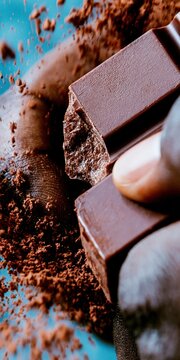 Dark chocolate bar being ped by a hand with cocoa powder explosion for premium baking brands and culinary ingredient advertising