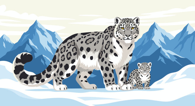 Adult snow leopard and cub standing together in a cold snowy mountain landscape with jagged blue peaks under a clear winter sky.