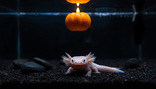 Pale pink leucitic axolotl swimming in a dark aquarium tank under a glowing Halloween pumpkin