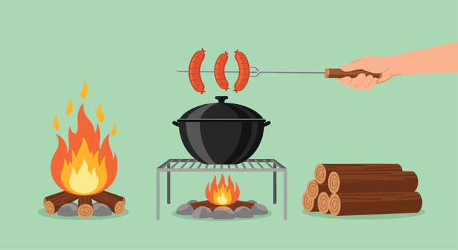 Hand holding metal skewers with grilled sausages over fire pit and black cooking pot with logs on light green background for summer barbecue.