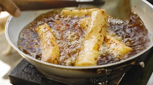 Close-Up of Cooked Banana Spring Rolls 