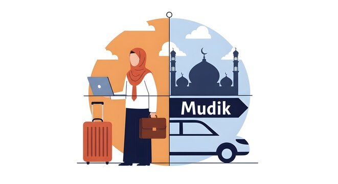Muslim Woman Professional with Suitcase and Laptop preparing for Mudik traditional homecoming journey and religious holiday