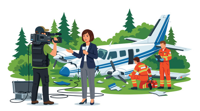Female news reporter presenting live update at small twin-engine plane crash site with rescue workers providing medical assistance nearby.