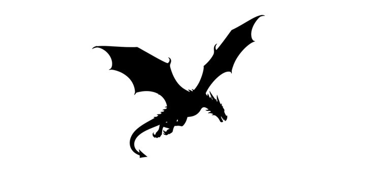 Silhouette of Mythical Dragon Flying Against Clear Sky in Minimalist Black Style