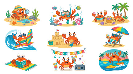 Playful cartoon crabs enjoying various summer beach activities © love